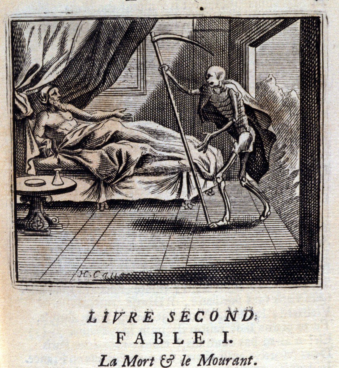 Halál és haldoklás. Jean de La Fontaine (1621-95) meséi. Illusztráció: Francois Chauveau (1613-1676). 1728-as kiadás. alkotó: Francois Chauveau