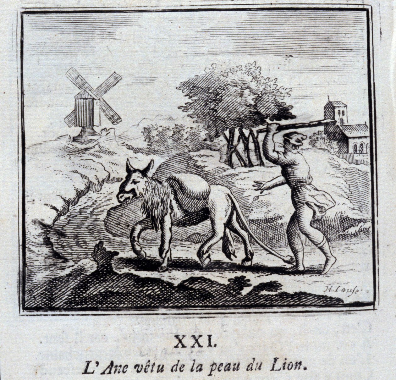 Az oroszlán bőrét viselő szamár. Jean de La Fontaine (1621-95) meséi. Illusztráció: François Chauveau (1613-1676). 1728-as kiadás. alkotó: Francois Chauveau