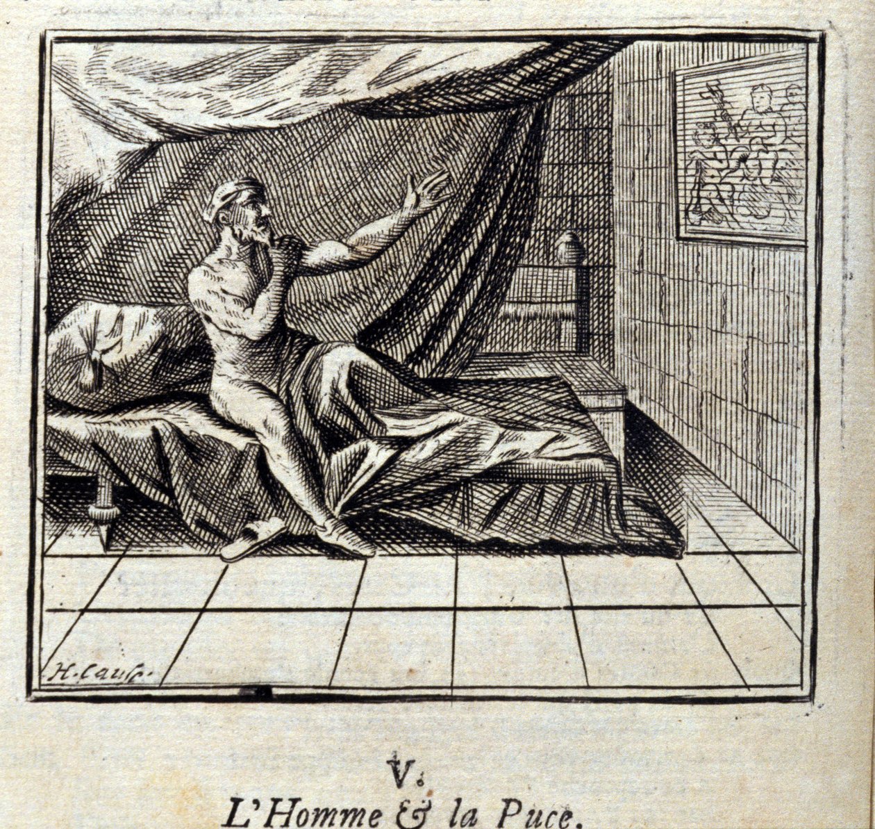 Az ember és a bolha. Jean de La Fontaine (1621-95) meséi. Illusztráció: Francois Chauveau (1613-1676). 1728-as kiadás. alkotó: Francois Chauveau