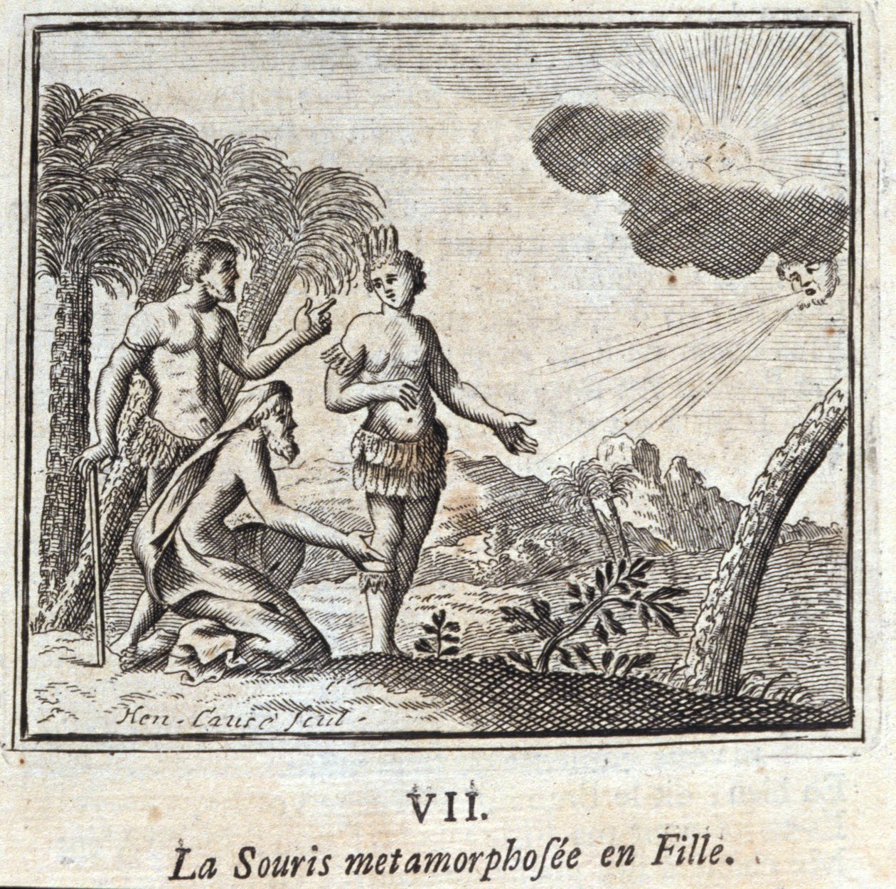 La Souris kislánnyá változott.Jean de La Fontaine (1621-95) meséi. Illusztráció: François Chauveau (1613-1676). 1728-as kiadás. alkotó: Francois Chauveau