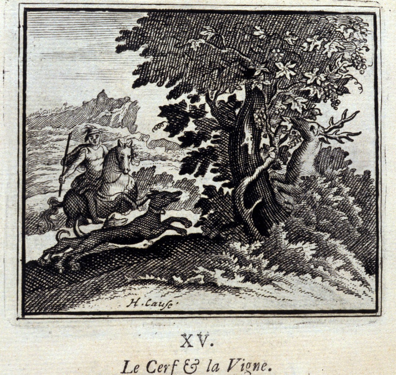A szarvas és a szőlő. Jean de La Fontaine (1621-95) meséi. Illusztráció: François Chauveau (1613-1676). 1728-as kiadás. alkotó: Francois Chauveau