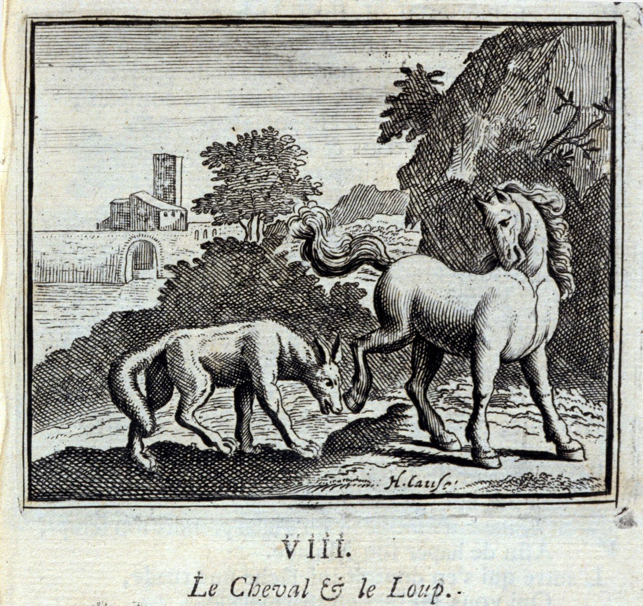 A ló és a farkas. Jean de La Fontaine (1621-95) meséi. Illusztráció: François Chauveau (1613-1676). 1728-as kiadás. alkotó: Francois Chauveau