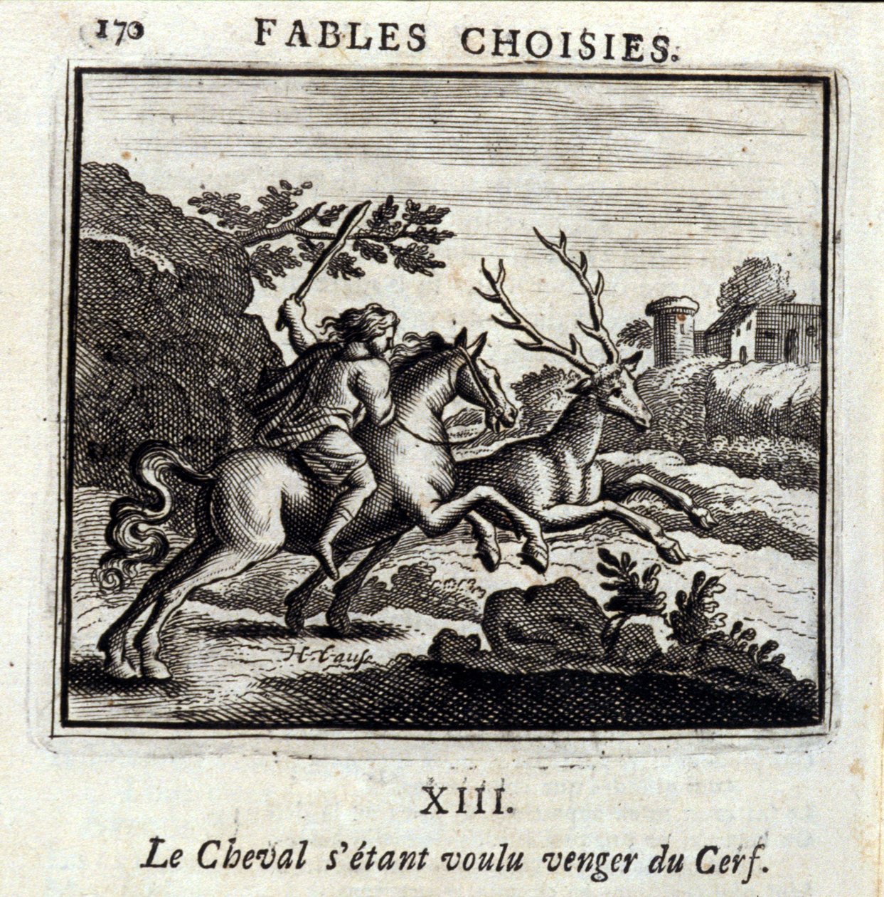 A Ló bosszút akart állni a Szarvasért. Jean de La Fontaine (1621-95) meséi. Illusztráció: Francois Chauveau (1613-1676). 1728-as kiadás. alkotó: Francois Chauveau