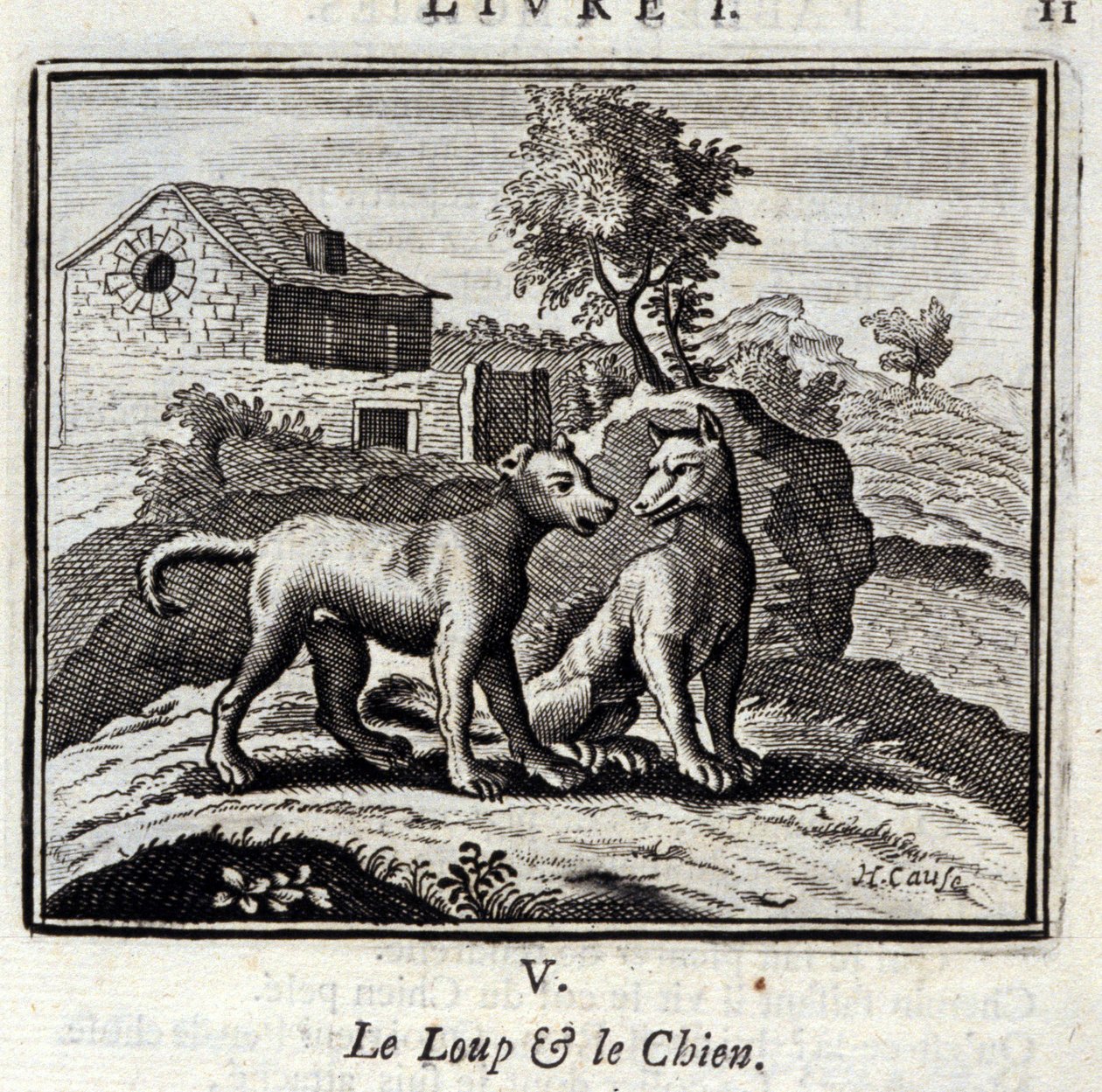 A farkas és a kutya. Jean de La Fontaine (1621-95) meséi. Illusztráció: Francois Chauveau (1613-1676). 1728-as kiadás. alkotó: Francois Chauveau