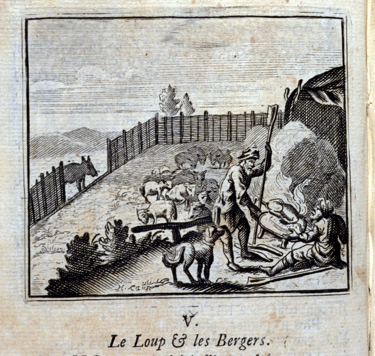 A farkas és a pásztorok. Jean de La Fontaine (1621-95) meséi. Illusztráció: François Chauveau (1613-1676). 1728-as kiadás. alkotó: Francois Chauveau