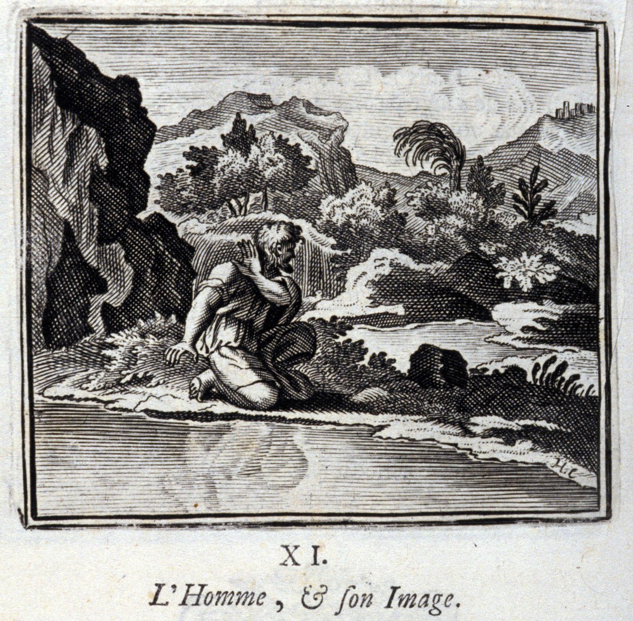 Az ember és a képe. Jean de La Fontaine (1621-95) meséi. Illusztráció: Francois Chauveau (1613-1676). 1728-as kiadás. alkotó: Francois Chauveau