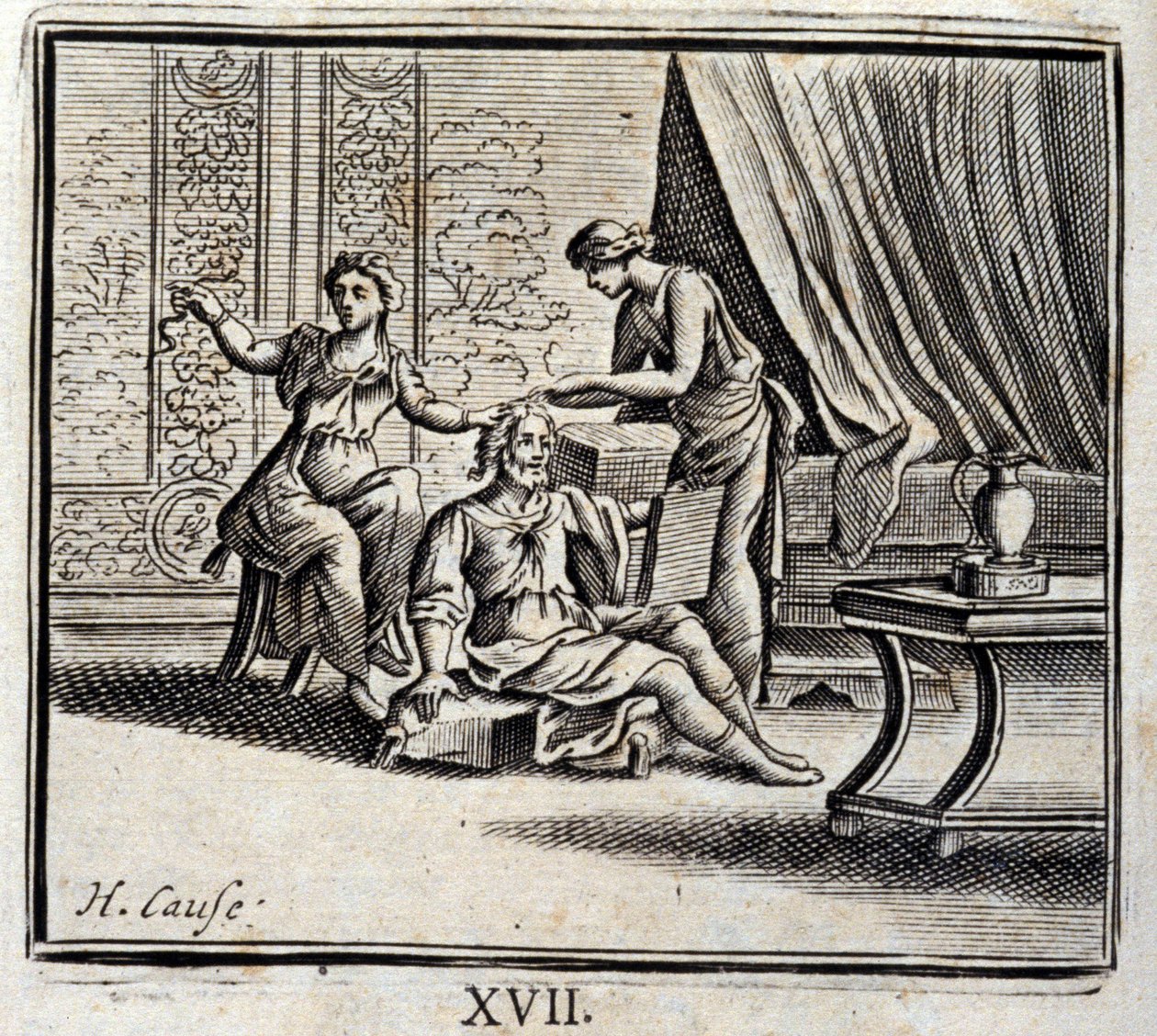 Két év közötti férfi és két úrnője. Jean de La Fontaine (1621-95) meséi. Illusztráció: Francois Chauveau (1613-1676). 1728-as kiadás. alkotó: Francois Chauveau