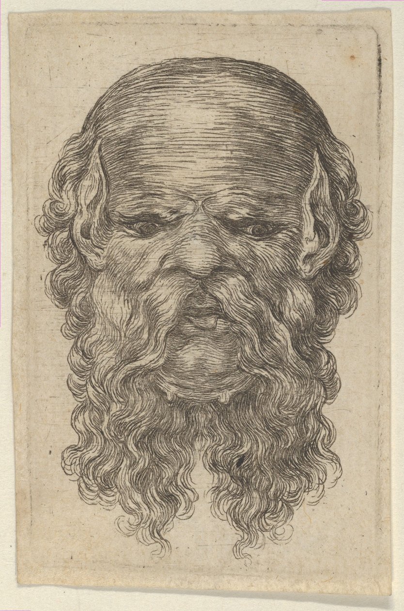 Kopasz, hegyes fülű és hosszú szakállú férfi maszkja, a Divers Masques-tól, kb. 1635-45. alkotó: Francois Chauveau