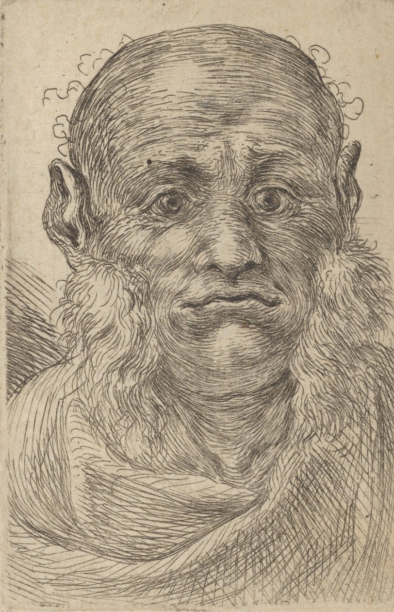 Egy kopasz férfi maszkja, bolyhos oldalborjúval, a Divers Masques-tól, kb. 1635-45. alkotó: Francois Chauveau