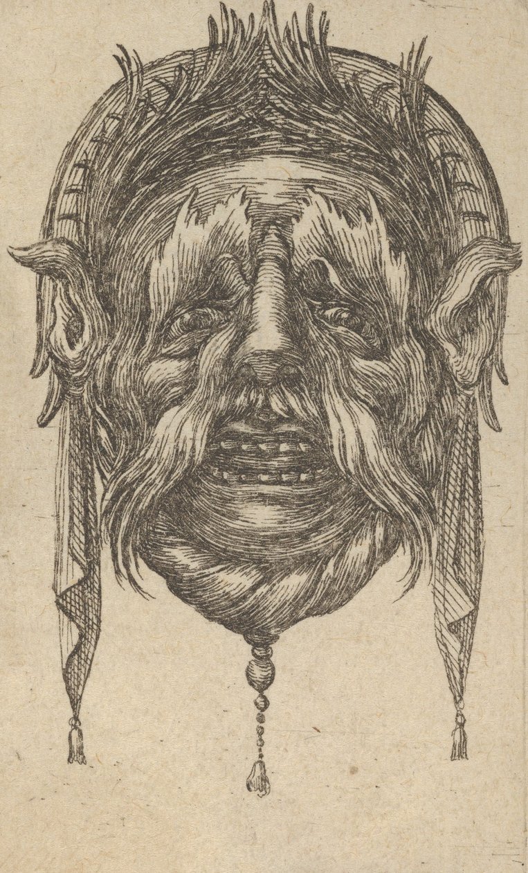 Maszk hosszú szemöldökkel és bajusszal és fejdísz lógó ruhával, a Dive...-től, kb. 1635-45. alkotó: Francois Chauveau