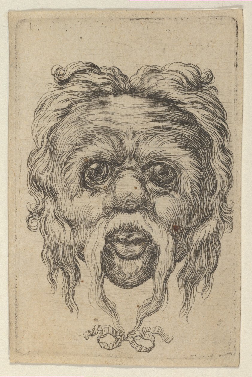 Álla alatti szalaggal átkötött hosszú bajuszú maszk, a Divers Masques-tól, kb. 1635-45. alkotó: Francois Chauveau
