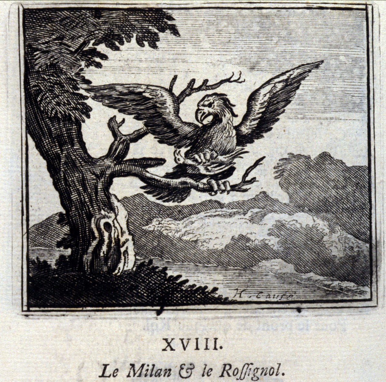 Milánó és a Nightingale. Jean de La Fontaine (1621-95) meséi. Illusztráció: Francois Chauveau (1613-1676). 1728-as kiadás. alkotó: Francois Chauveau