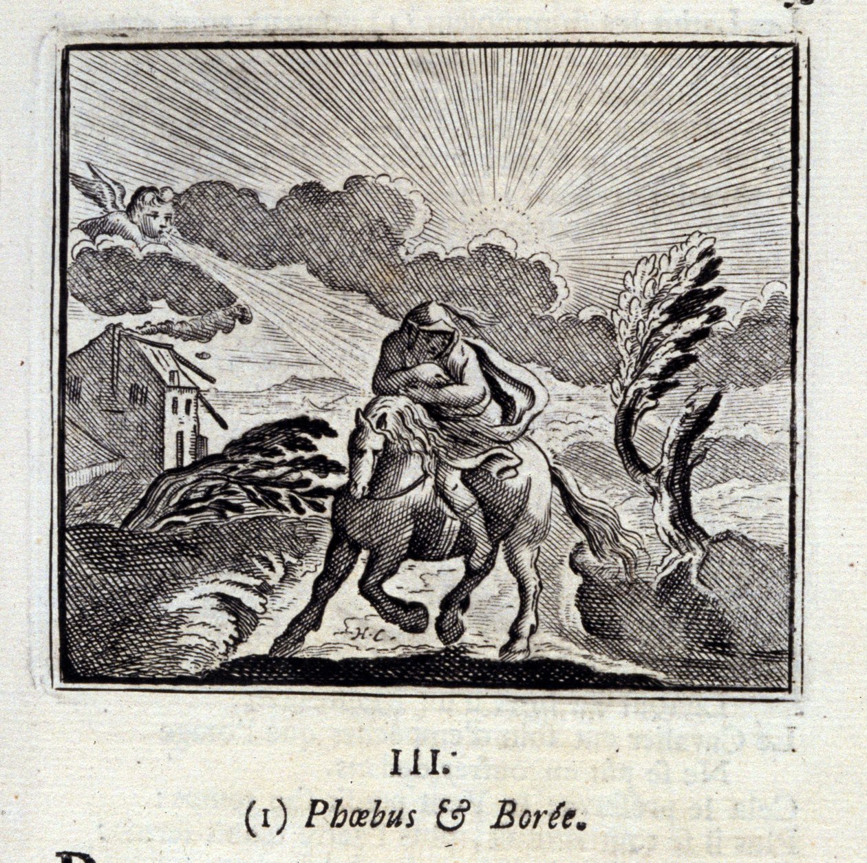 Phebus és Boree. Jean de La Fontaine (1621-95) meséi. Illusztráció: Francois Chauveau (1613-1676). 1728-as kiadás. alkotó: Francois Chauveau