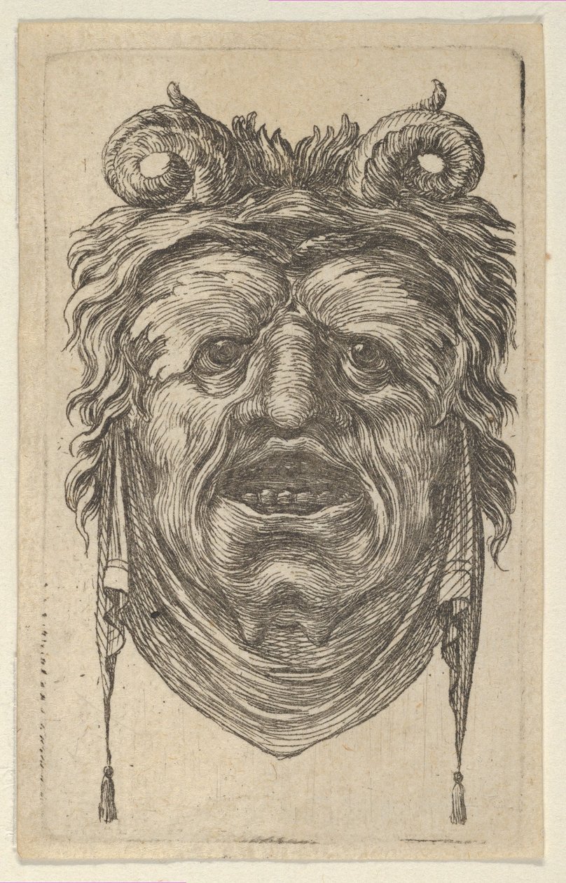 Szatír maszk felgöndörödött szarvakkal, lombos szemöldökkel és álla alatt lógó kendővel, kb. 1635-45. alkotó: Francois Chauveau