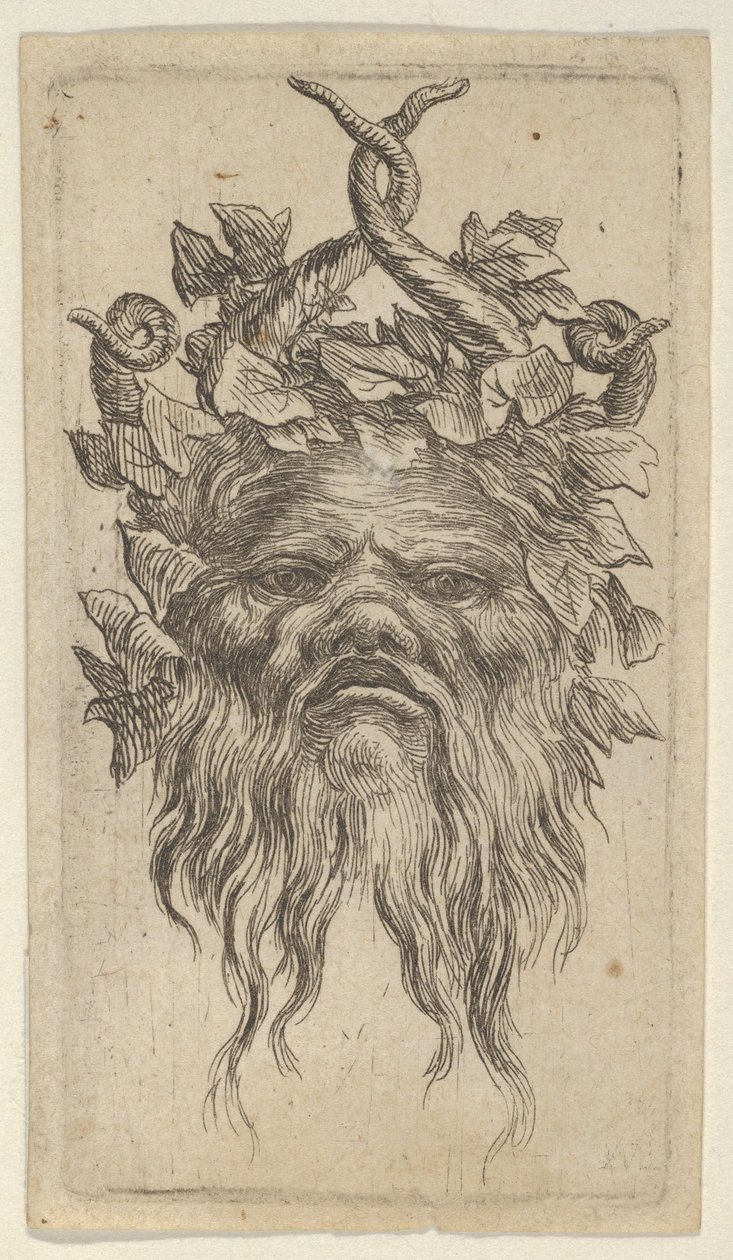 Szatír maszk horgas szarvakkal és borostyánkoszorúval, a Divers Masques-tól, kb. 1635-45. alkotó: Francois Chauveau