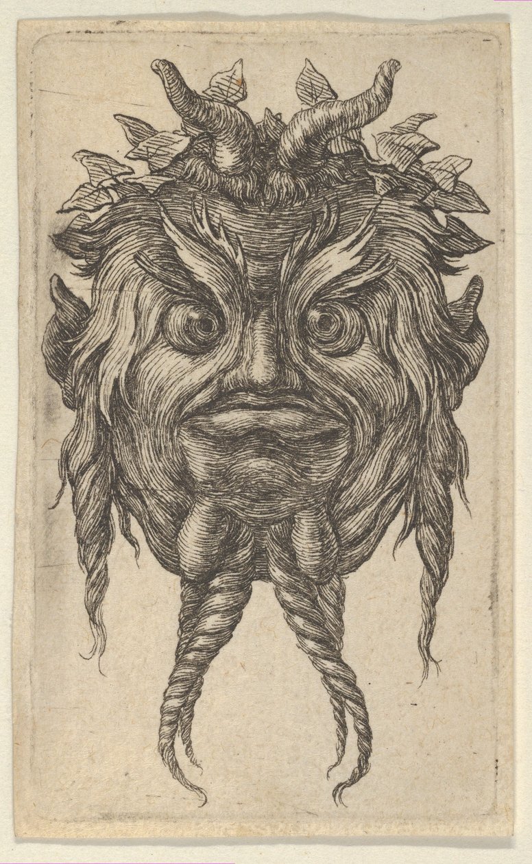 Borostyánkoszorút viselő szatírmaszk szarvakkal és sodrott szakállal, a Divers Masque...-tól, kb. 1635-45. alkotó: Francois Chauveau