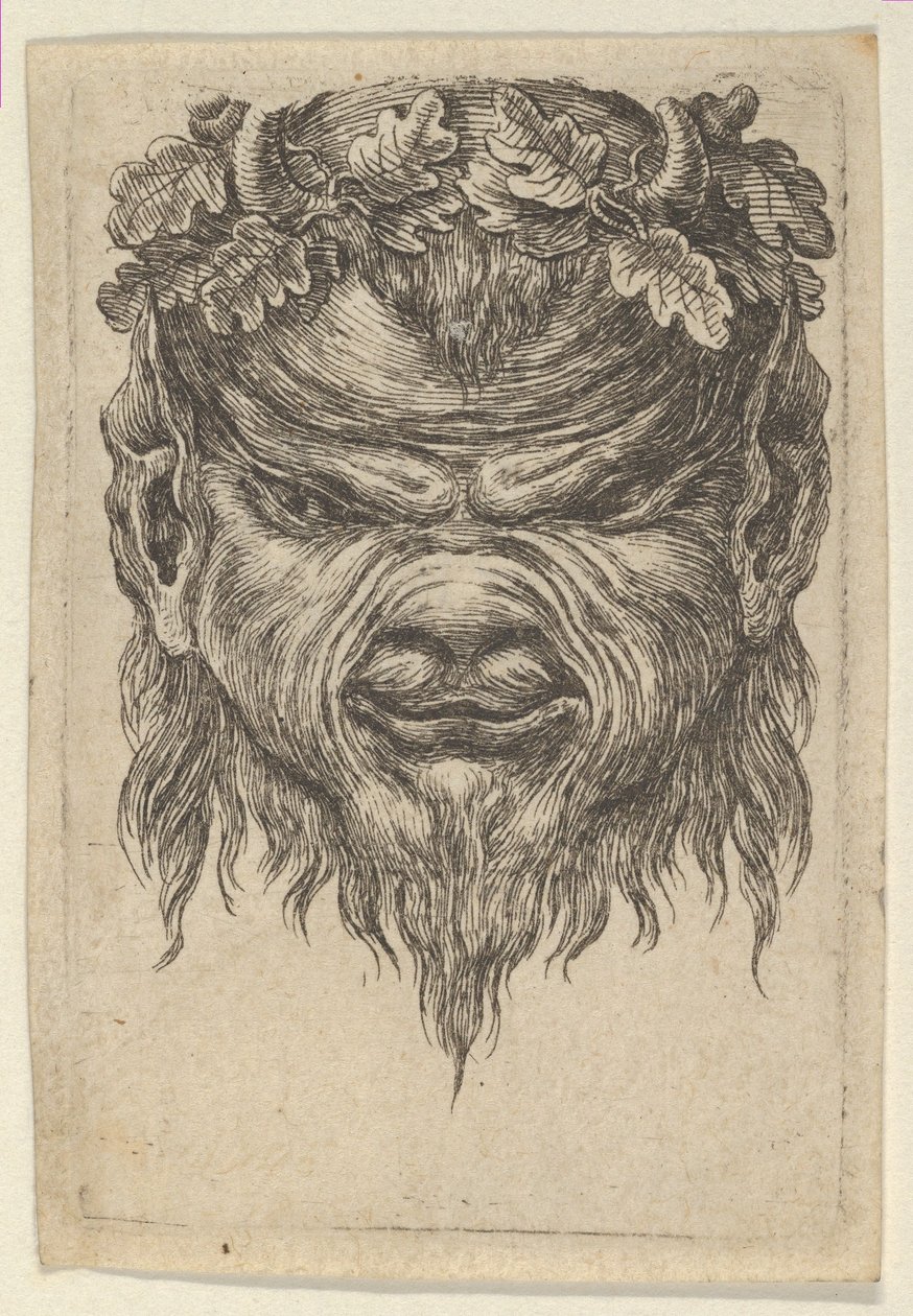 Szatír maszk benyomott orrral és tölgylevél koszorúval, a Divers Masques-tól, kb. 1635-45. alkotó: Francois Chauveau