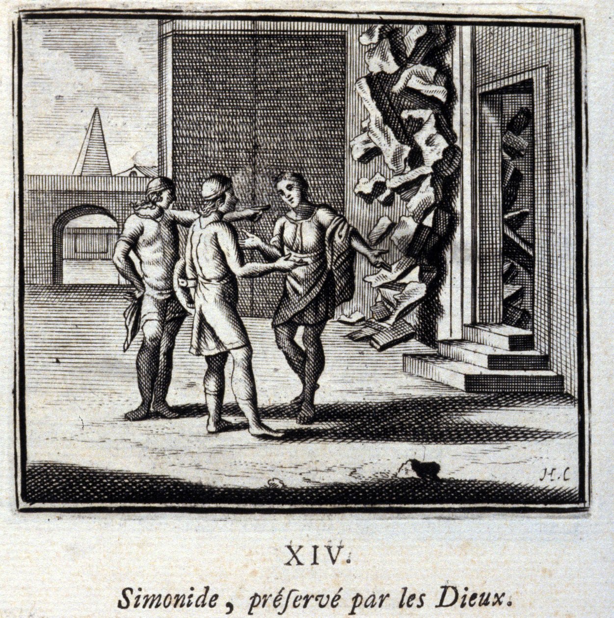 Simonidészt az istenek őrizték. Jean de La Fontaine (1621-95) meséi. Illusztráció: Francois Chauveau (1613-1676). 1728-as kiadás. alkotó: Francois Chauveau