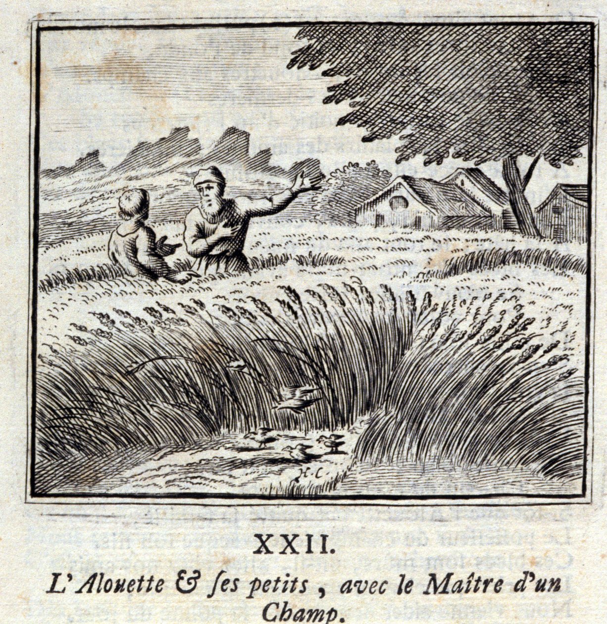 Az Alouette és kicsinyei a mezőmesterrel. Jean de La Fontaine (1621-95) meséi. François Chauveau (1613-1676) illusztrációja. 1728-as kiadás. alkotó: Francois Chauveau
