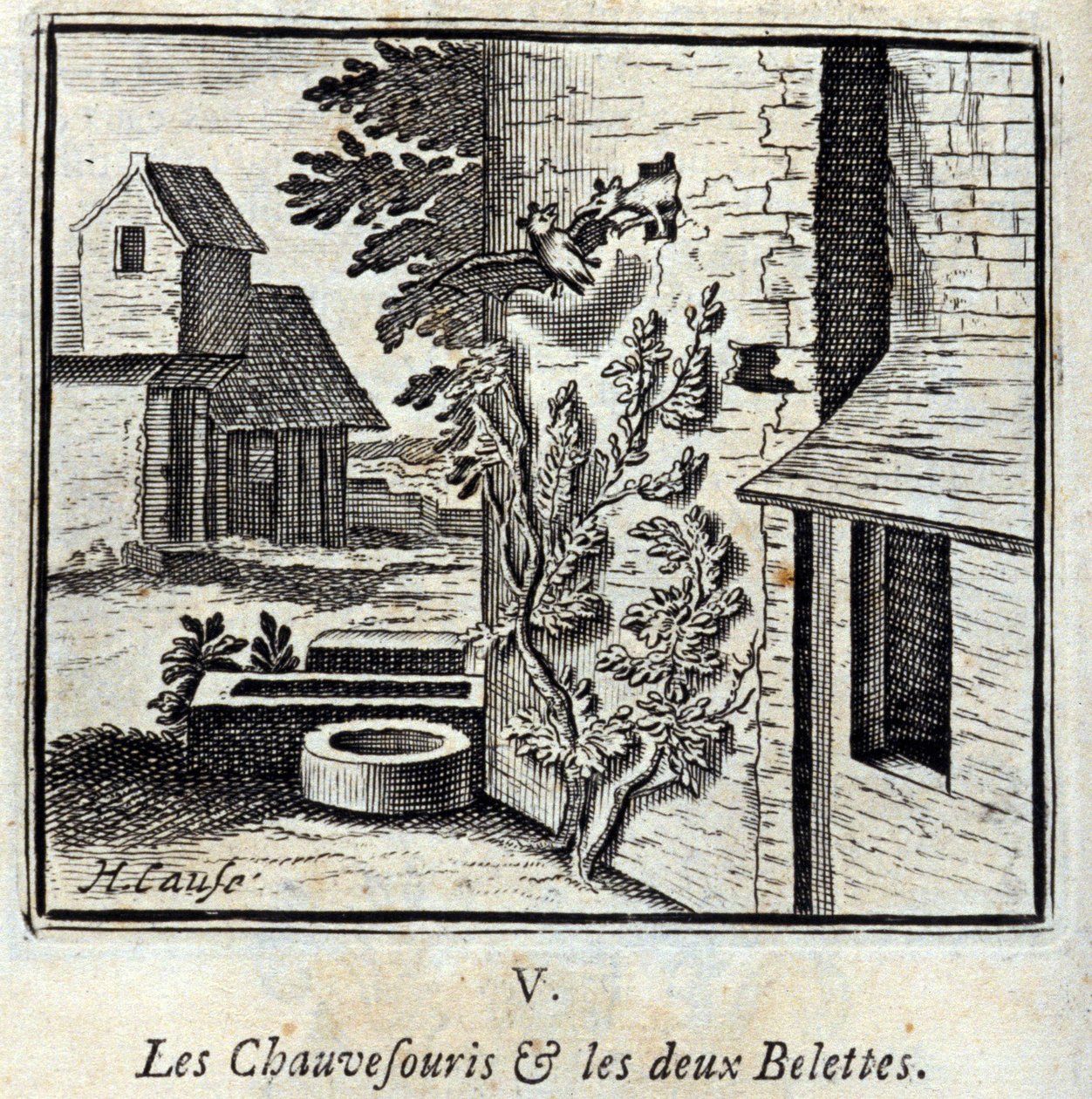 A denevér és a két menyét. Jean de La Fontaine (1621-95) meséi. Illusztráció: François Chauveau (1613-1676). 1728-as kiadás. alkotó: Francois Chauveau