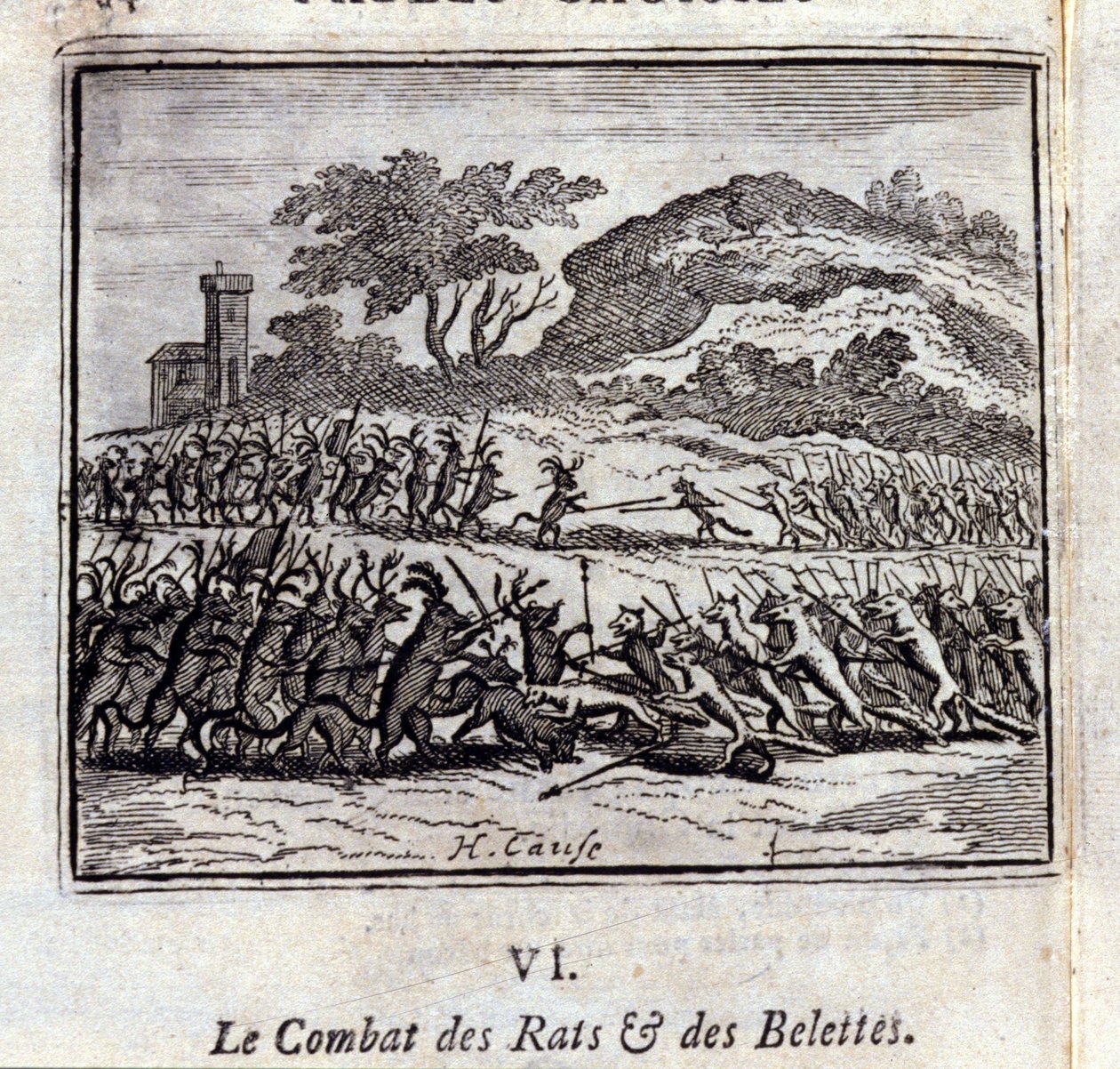 A patkányok és menyétek csatája. Jean de La Fontaine (1621-95) meséi. Illusztráció: François Chauveau (1613-1676). 1728-as kiadás. alkotó: Francois Chauveau