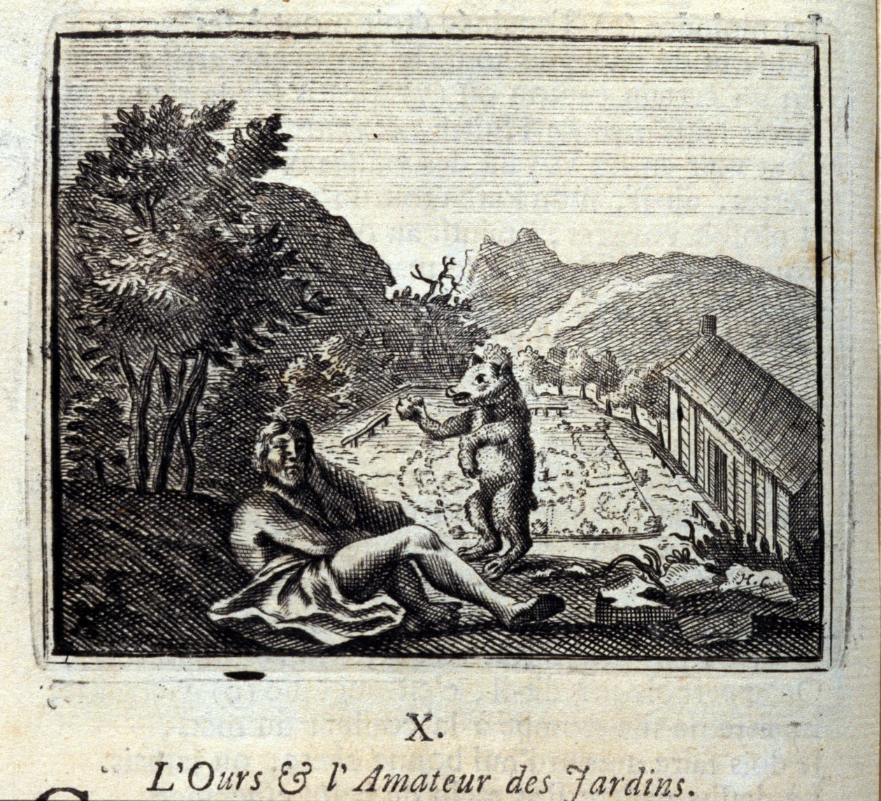 A medve és a kert amatőr. Jean de La Fontaine (1621-95) meséi. Illusztráció: François Chauveau (1613-1676). 1728-as kiadás. alkotó: Francois Chauveau