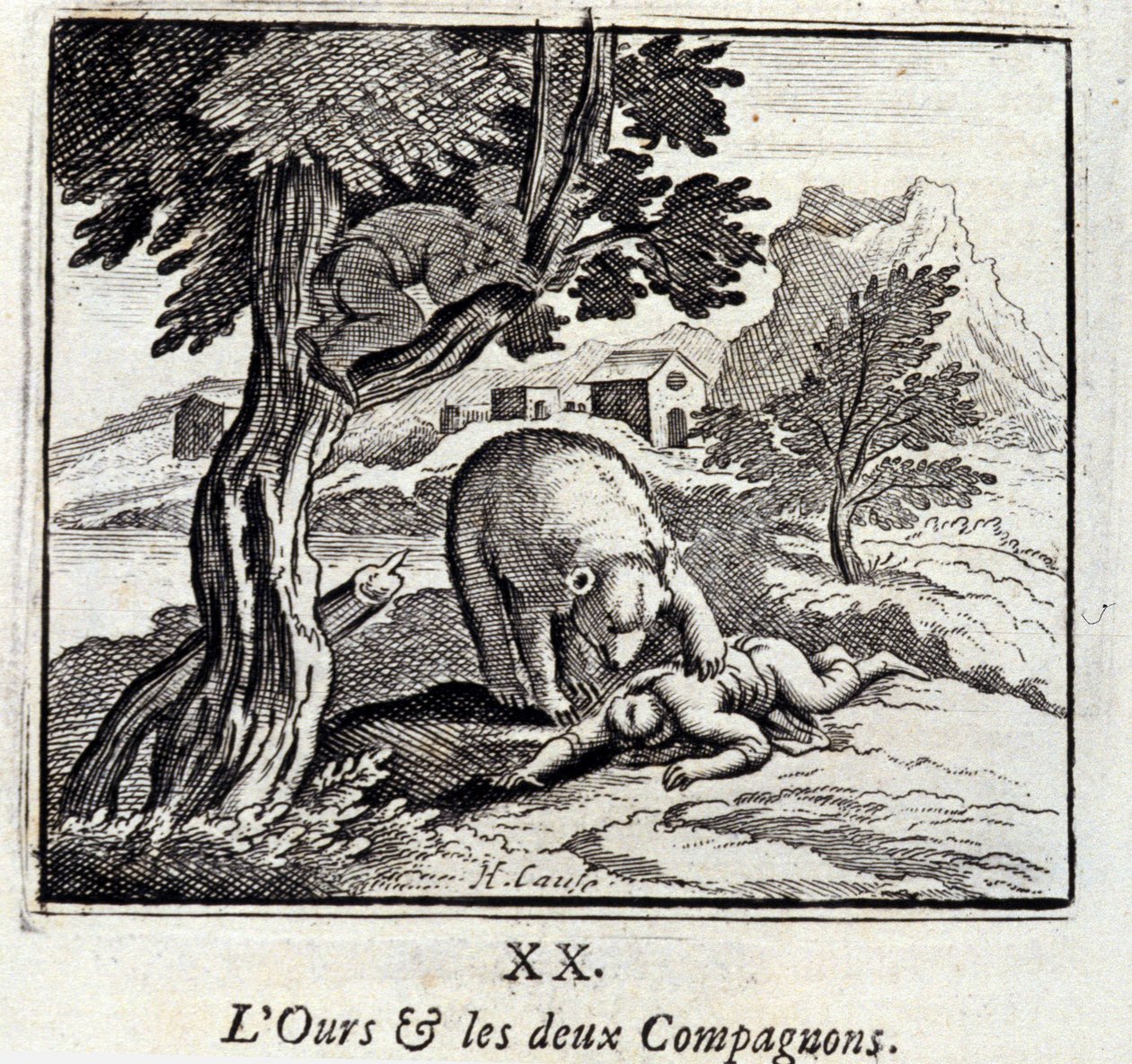 A medve és a két társ. Jean de La Fontaine (1621-95) meséi. Illusztráció: François Chauveau (1613-1676). 1728-as kiadás. alkotó: Francois Chauveau