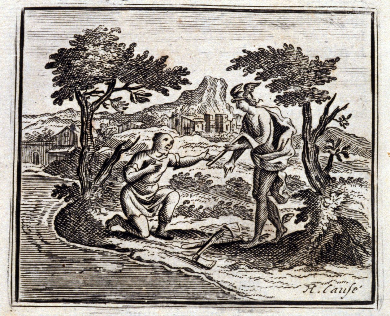 A Bucheron és a Merkúr. Jean de La Fontaine (1621-95) meséi. Illusztráció: Francois Chauveau (1613-1676). 1728-as kiadás. alkotó: Francois Chauveau