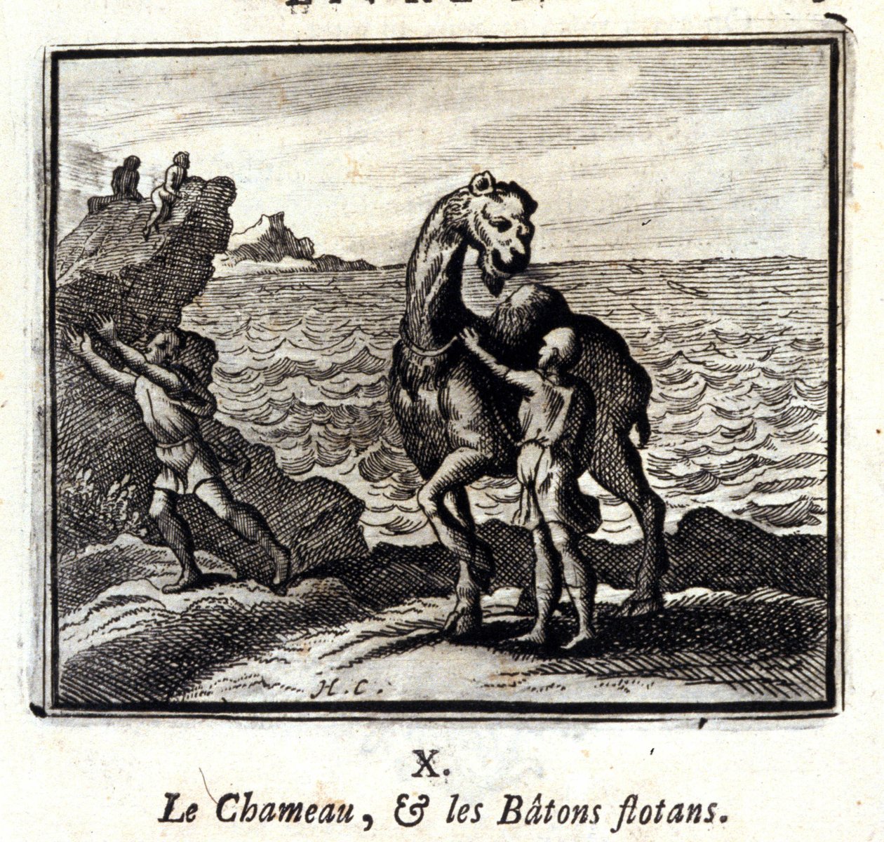 A teve és az úszó botok. Jean de La Fontaine (1621-95) meséi. Illusztráció: François Chauveau (1613-1676). 1728-as kiadás. alkotó: Francois Chauveau