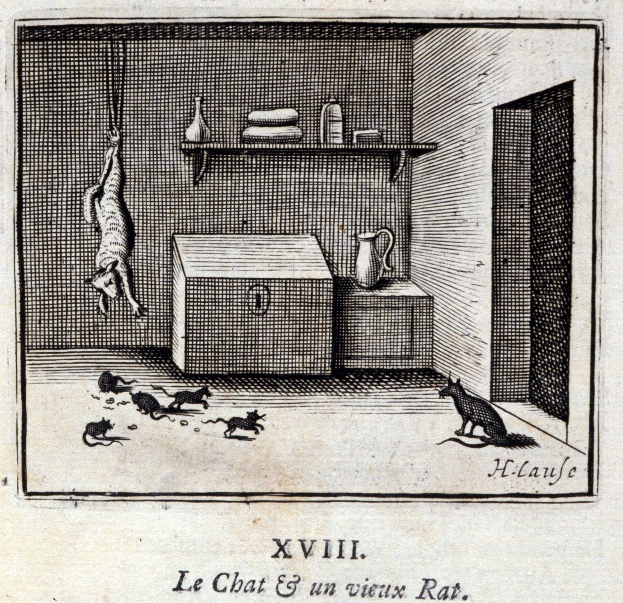 A macska és egy öreg patkány. Jean de La Fontaine (1621-95) meséi. Illusztráció: Francois Chauveau (1613-1676). 1728-as kiadás. alkotó: Francois Chauveau