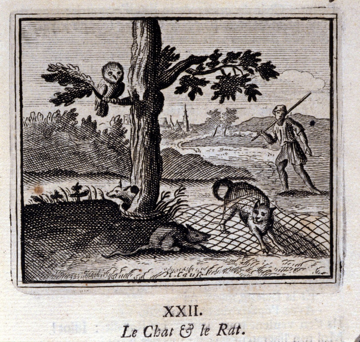A macska és a patkány. Jean de La Fontaine (1621-95) meséi. Illusztráció: Francois Chauveau (1613-1676). 1728-as kiadás. alkotó: Francois Chauveau