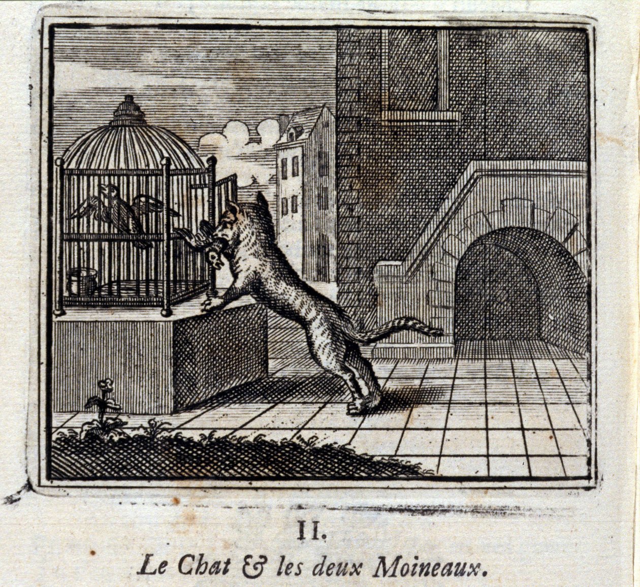 A macska és a két veréb. Jean de La Fontaine (1621-95) meséi. Illusztráció: François Chauveau (1613-1676). 1728-as kiadás. alkotó: Francois Chauveau
