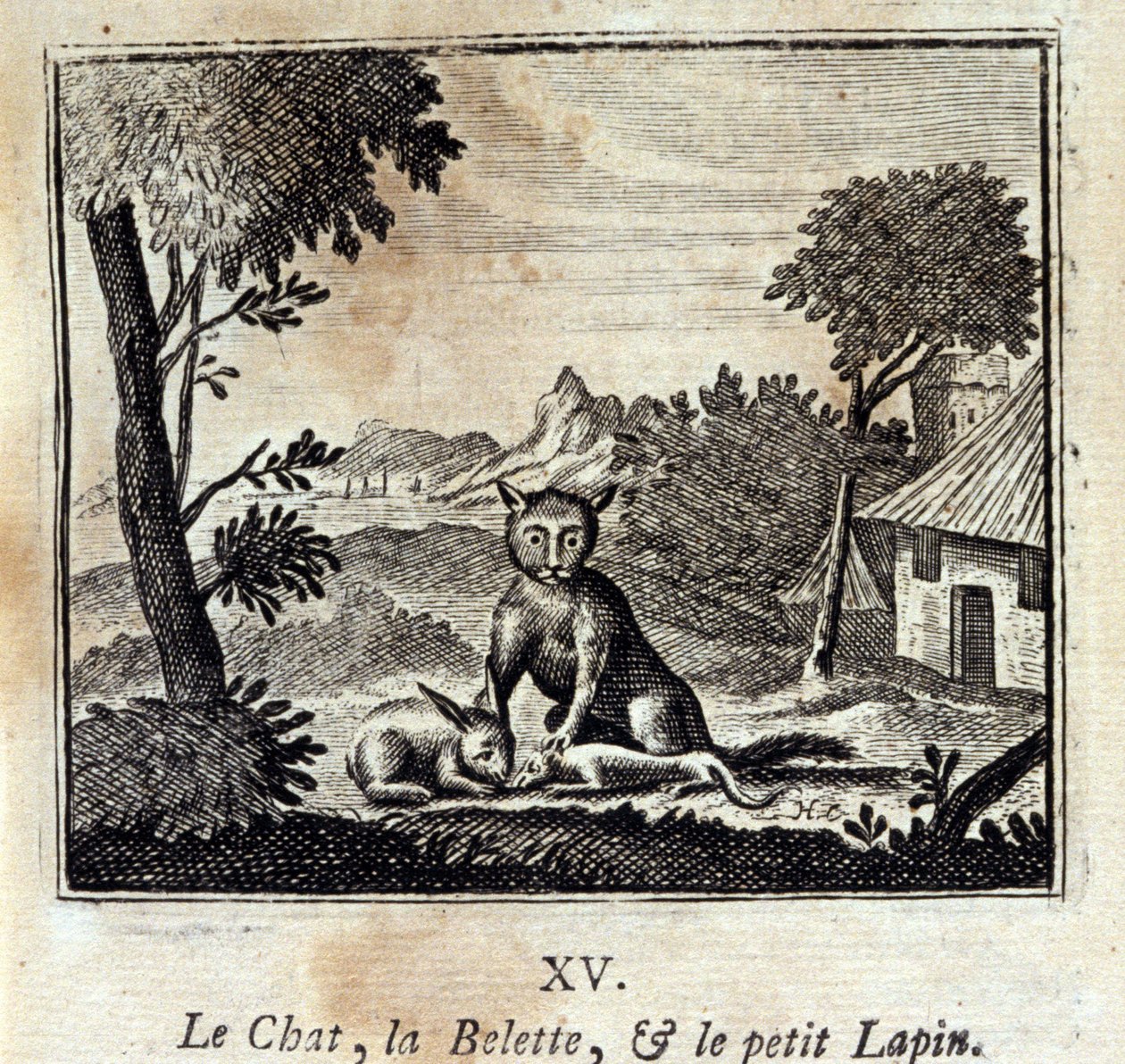 A macska, a menyét és a kis nyúl. Jean de La Fontaine (1621-95) meséi. Illusztráció: François Chauveau (1613-1676). 1728-as kiadás. alkotó: Francois Chauveau