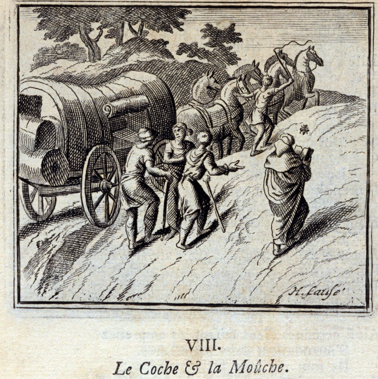 A Coche és a Fly. Jean de La Fontaine (1621-95) meséi. Illusztráció: Francois Chauveau (1613-1676). 1728-as kiadás. alkotó: Francois Chauveau