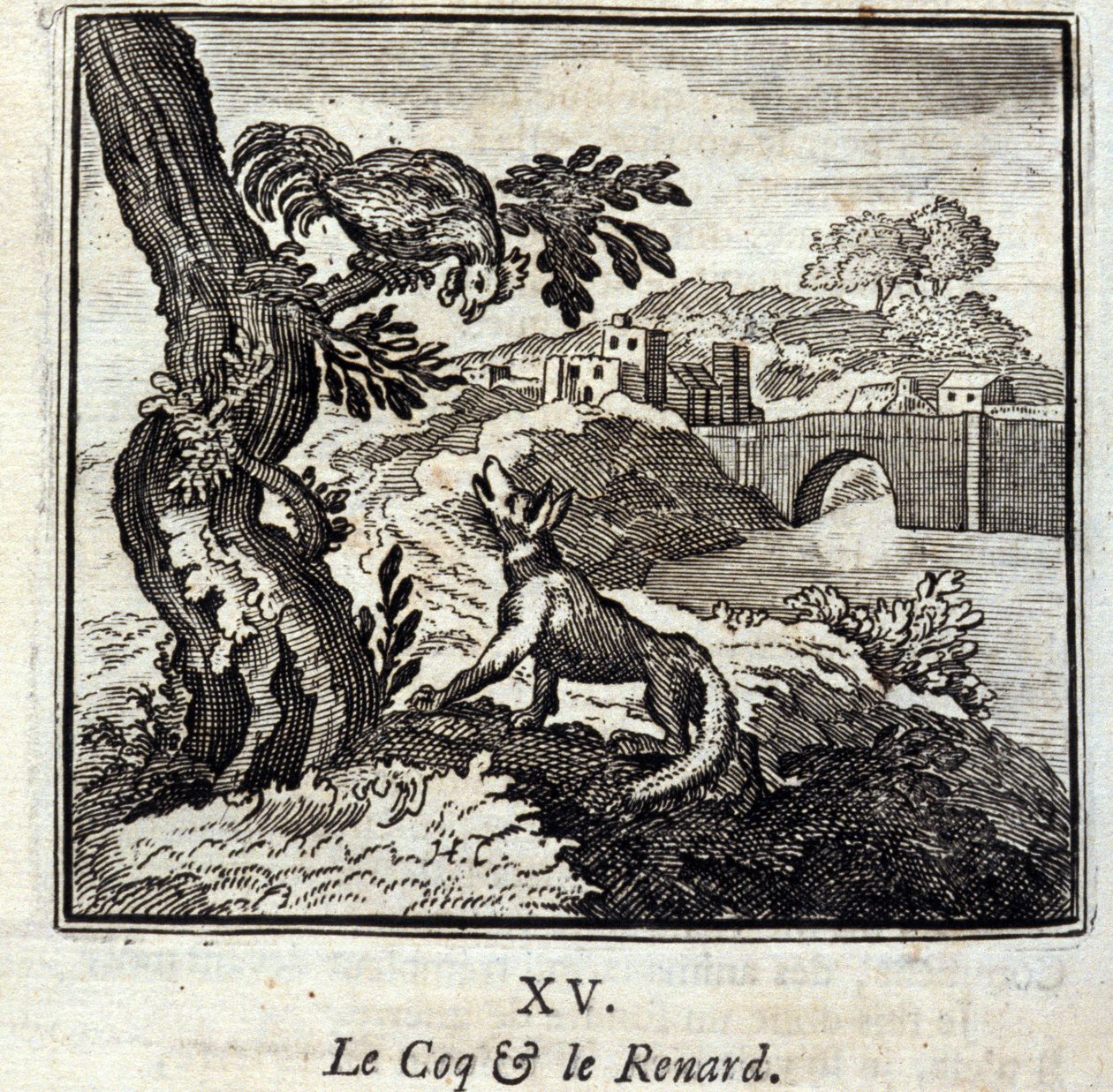 A Coq és a Fox. Jean de La Fontaine (1621-95) meséi. Illusztráció: Francois Chauveau (1613-1676). 1728-as kiadás. alkotó: Francois Chauveau