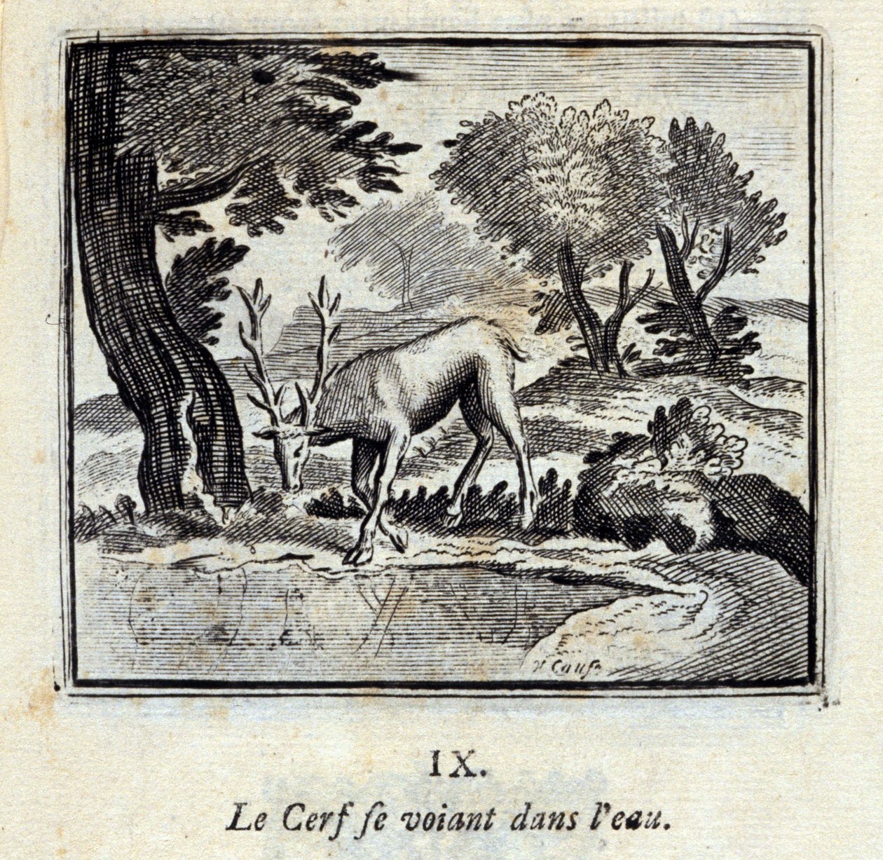 A szarvas látja magát a vízben. Jean de La Fontaine (1621-95) meséi. François Chauveau (1613-1676) illusztrációja. 1728-as kiadás. alkotó: Francois Chauveau