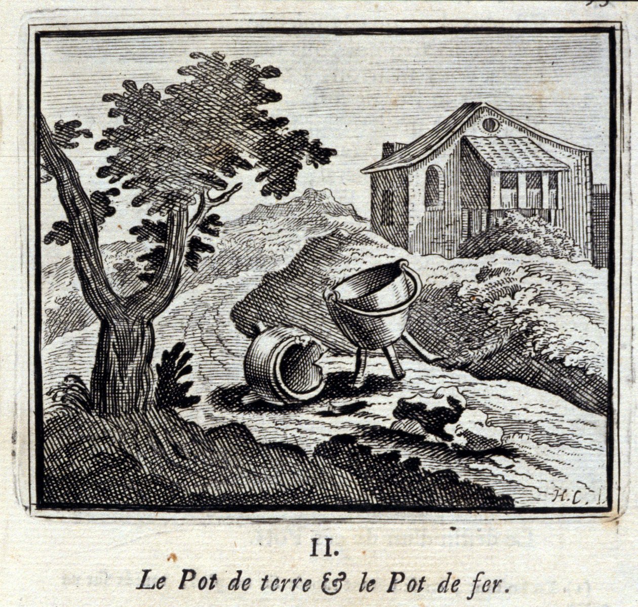 A Földfazék és a Vasfazék. Jean de La Fontaine (1621-95) meséi. Illusztráció: François Chauveau (1613-1676). 1728-as kiadás. alkotó: Francois Chauveau