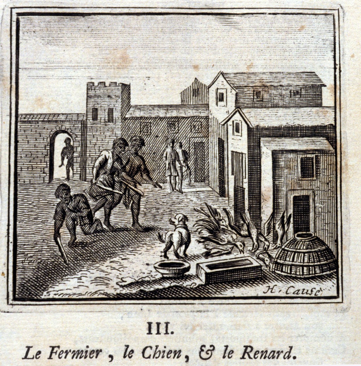 A gazda, a kutya és a róka. Jean de La Fontaine (1621-95) meséi. Illusztráció: François Chauveau (1613-1676). 1728-as kiadás. alkotó: Francois Chauveau