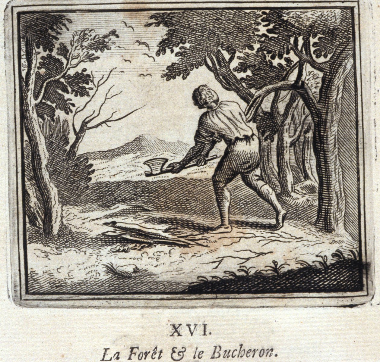 Az erdő és a Bucheron. Jean de La Fontaine (1621-95) meséi. Illusztráció: Francois Chauveau (1613-1676). 1728-as kiadás. alkotó: Francois Chauveau