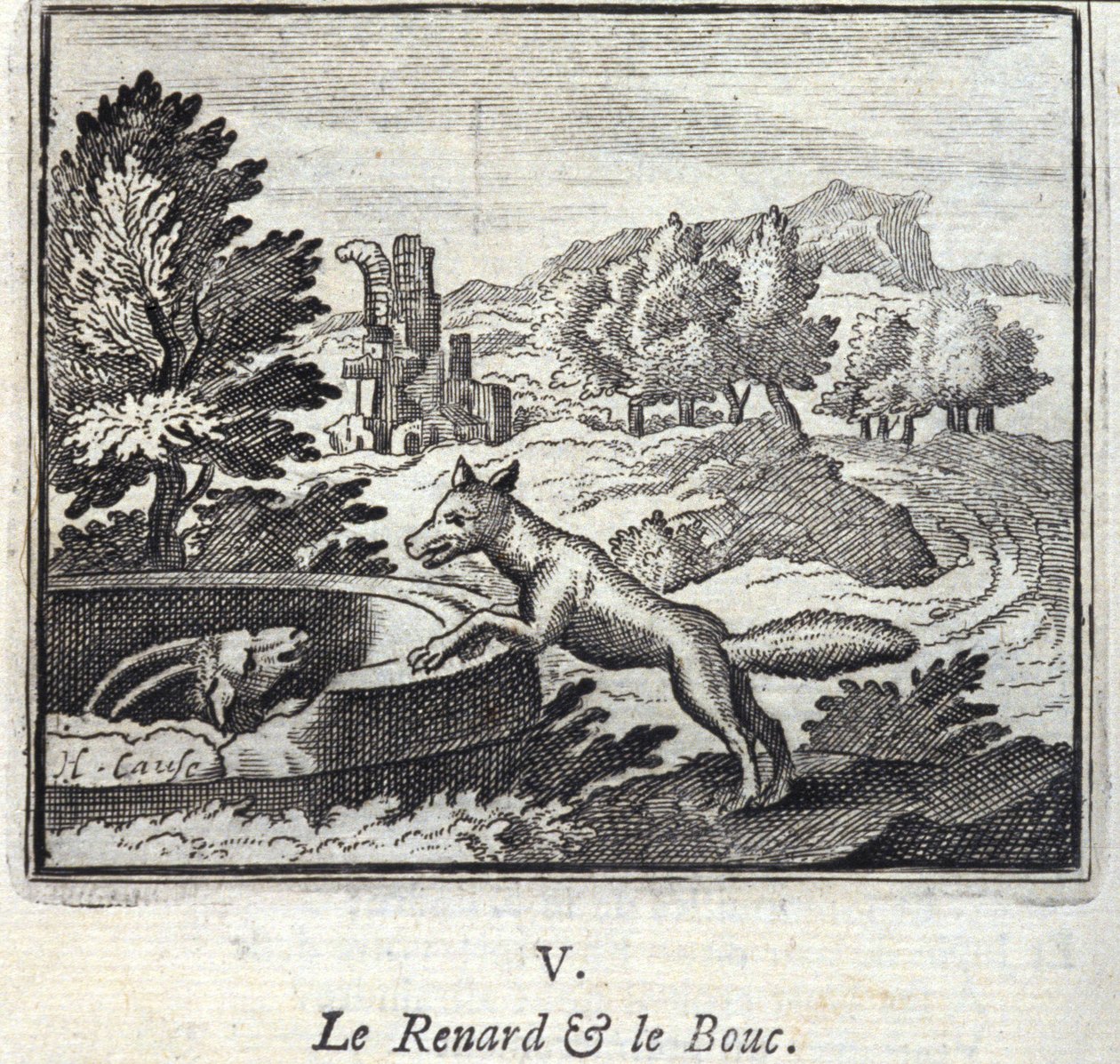 A róka és a Bouc.Fables Jean de La Fontaine (1621-95). Illusztráció: François Chauveau (1613-1676). 1728-as kiadás. alkotó: Francois Chauveau