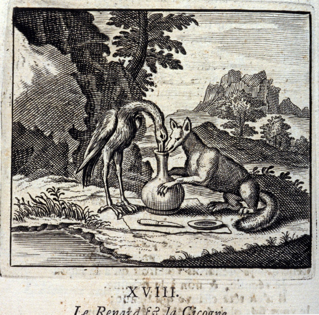 A róka és a gólya.Jean de La Fontaine (1621-95) meséi. Illusztráció: Francois Chauveau (1613-1676). 1728-as kiadás. alkotó: Francois Chauveau