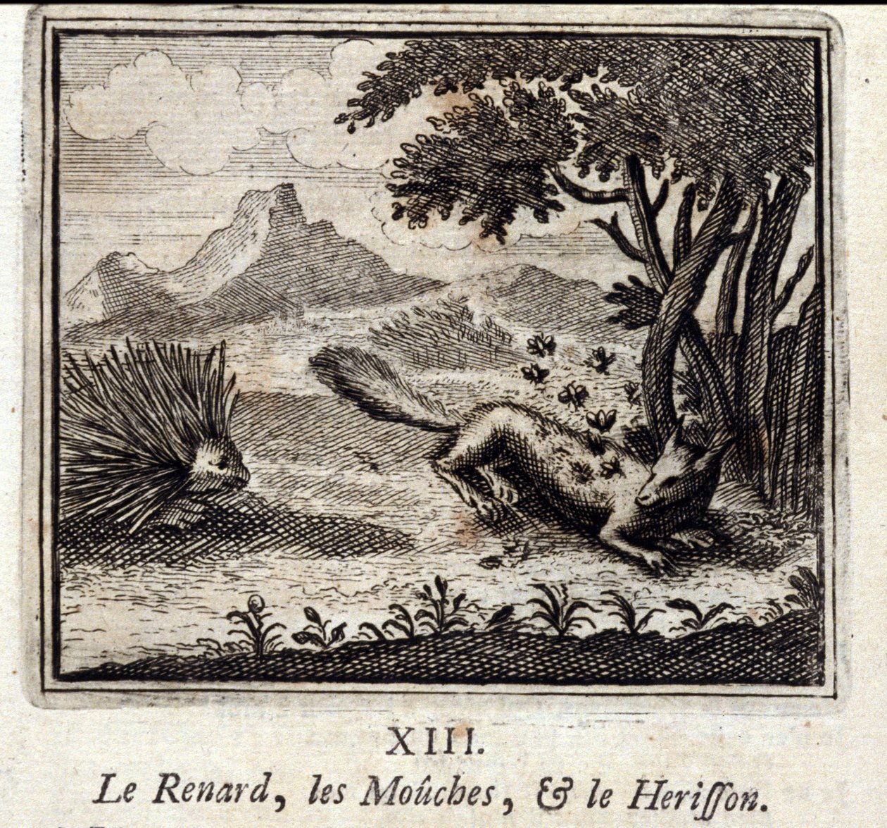 A róka, a legyek és a sündisznó. Jean de La Fontaine (1621-95) meséi. Illusztráció: Francois Chauveau (1613-1676). 1728-as kiadás. alkotó: Francois Chauveau