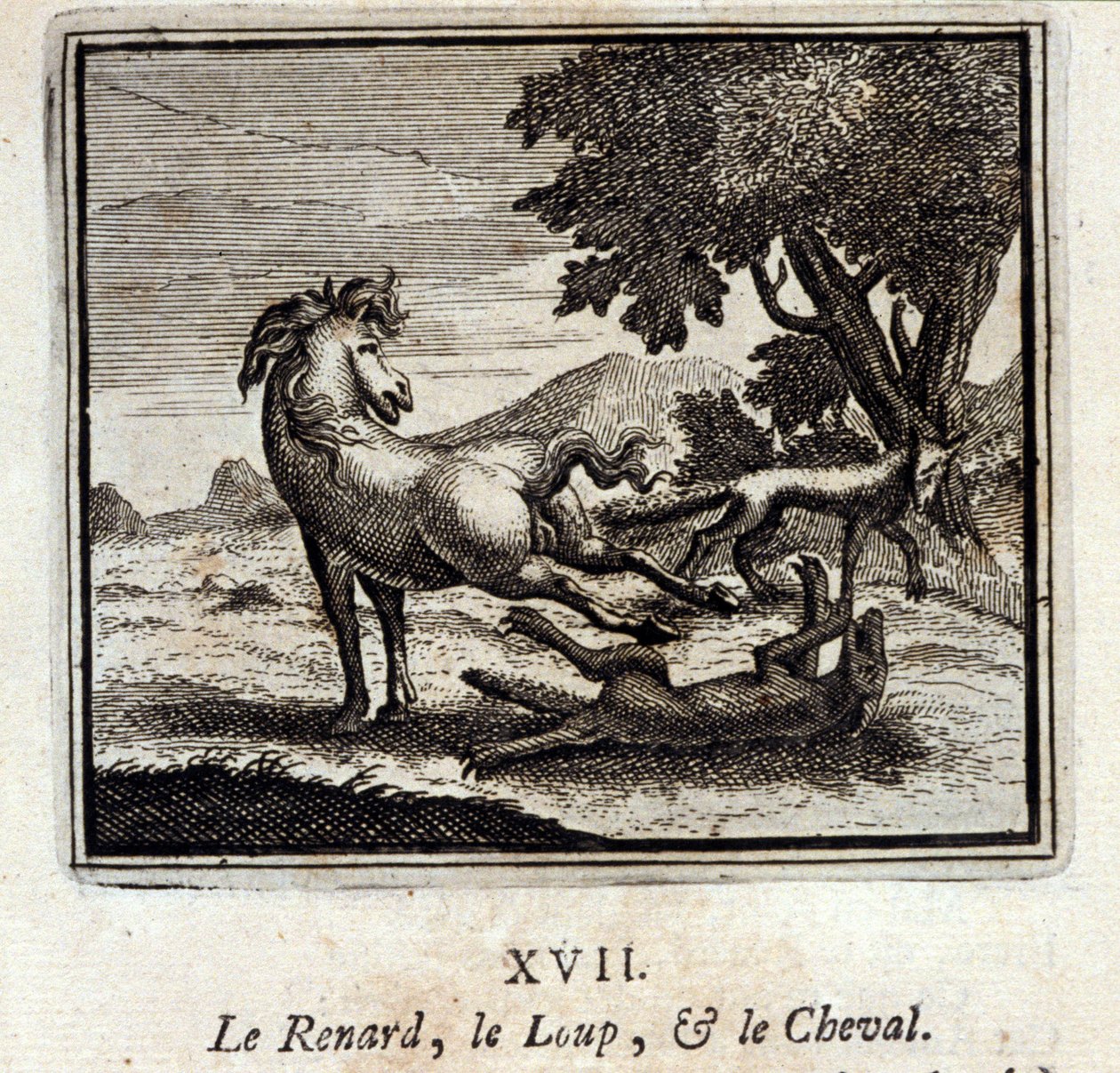A róka, a farkas és a ló. Jean de La Fontaine (1621-95) meséi. Illusztráció: François Chauveau (1613-1676). 1728-as kiadás. alkotó: Francois Chauveau