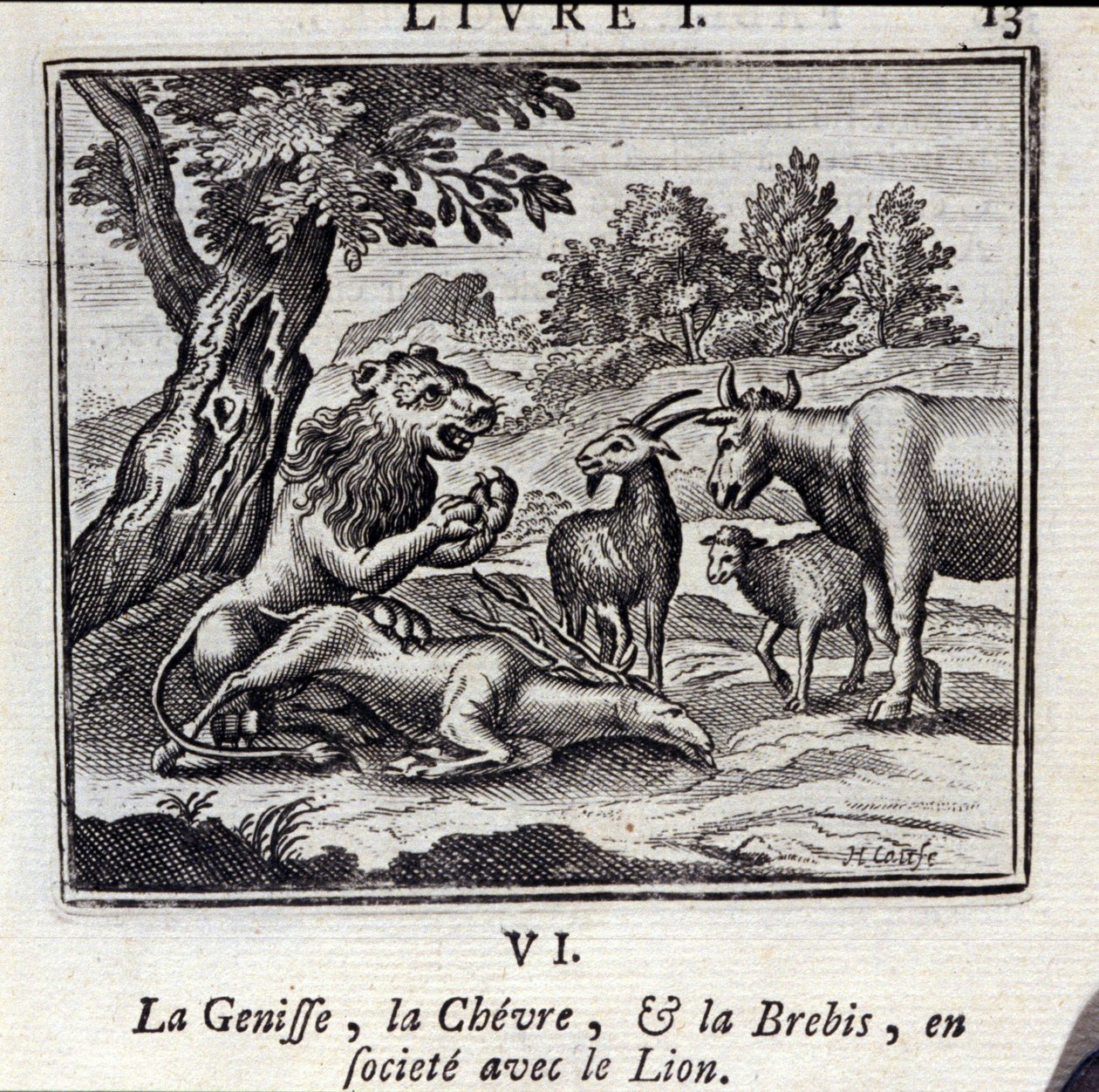 A Genisse a Gove és a Bárány az Oroszlán társaságában. Jean de La Fontaine (1621-95) meséi. Illusztráció: François Chauveau (1613-1676). 1728-as kiadás. alkotó: Francois Chauveau