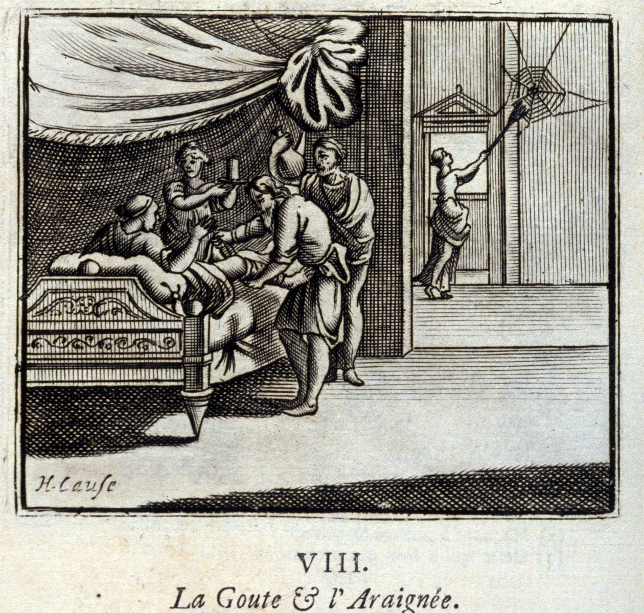 A köszvény és a pók. Jean de La Fontaine (1621-95) meséi. Illusztráció: Francois Chauveau (1613-1676). 1728-as kiadás. alkotó: Francois Chauveau