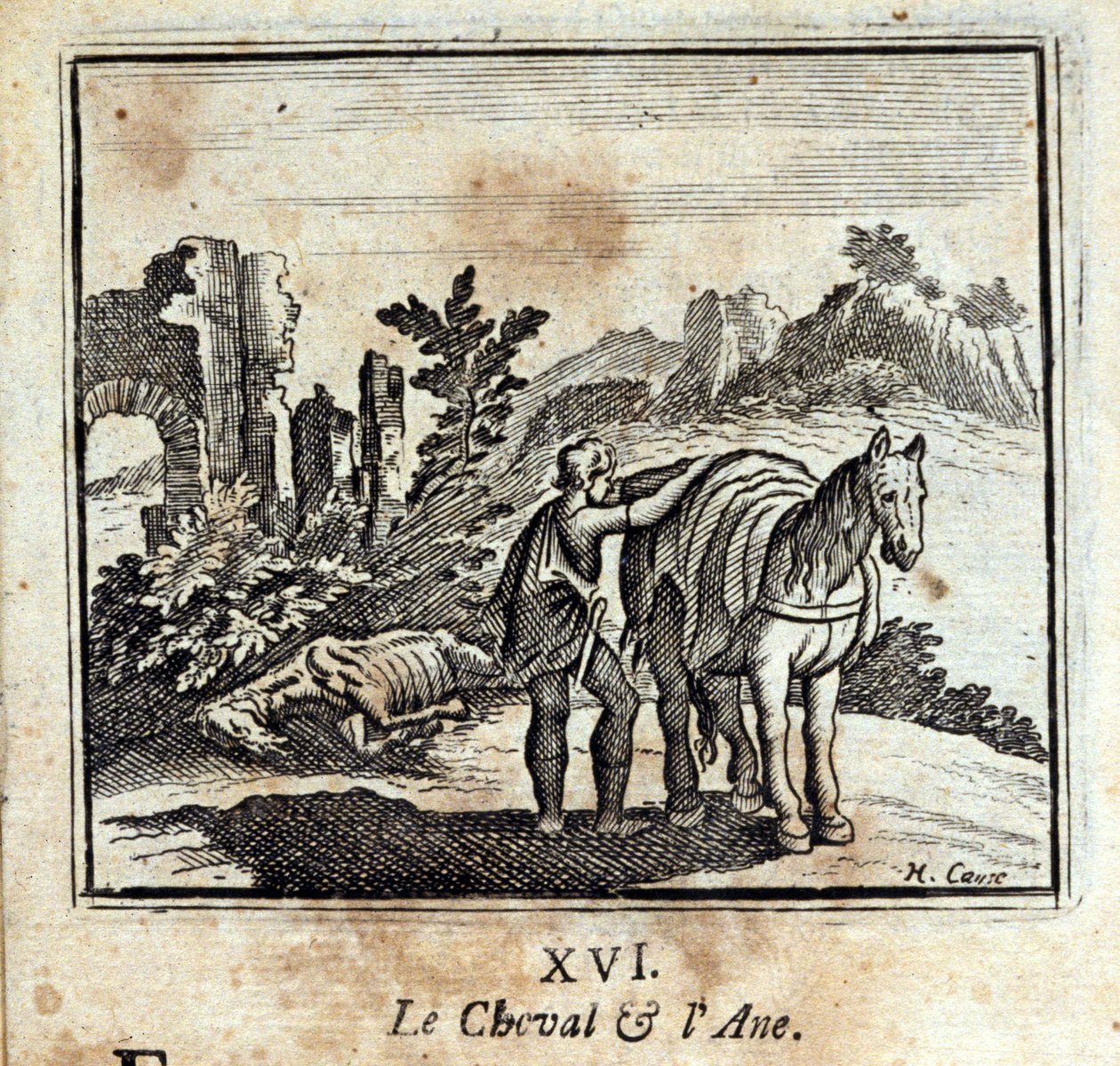 A ló és a szamár. Jean de La Fontaine (1621-95) meséi. Illusztráció: François Chauveau (1613-1676). 1728-as kiadás. alkotó: Francois Chauveau