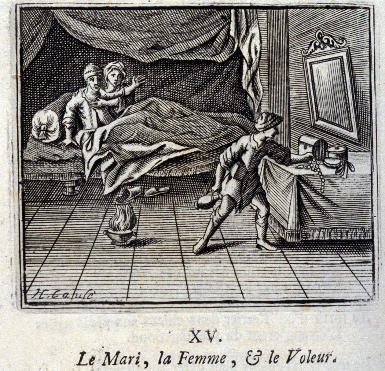 A férj, a nő és a tolvaj. Jean de La Fontaine (1621-95) meséi. Illusztráció: François Chauveau (1613-1676). 1728-as kiadás. alkotó: Francois Chauveau