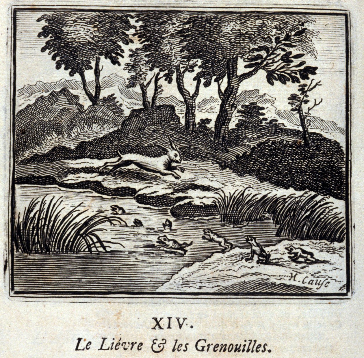 A nyúl és a békák. Jean de La Fontaine (1621-95) meséi. Illusztráció: Francois Chauveau (1613-1676). 1728-as kiadás. alkotó: Francois Chauveau