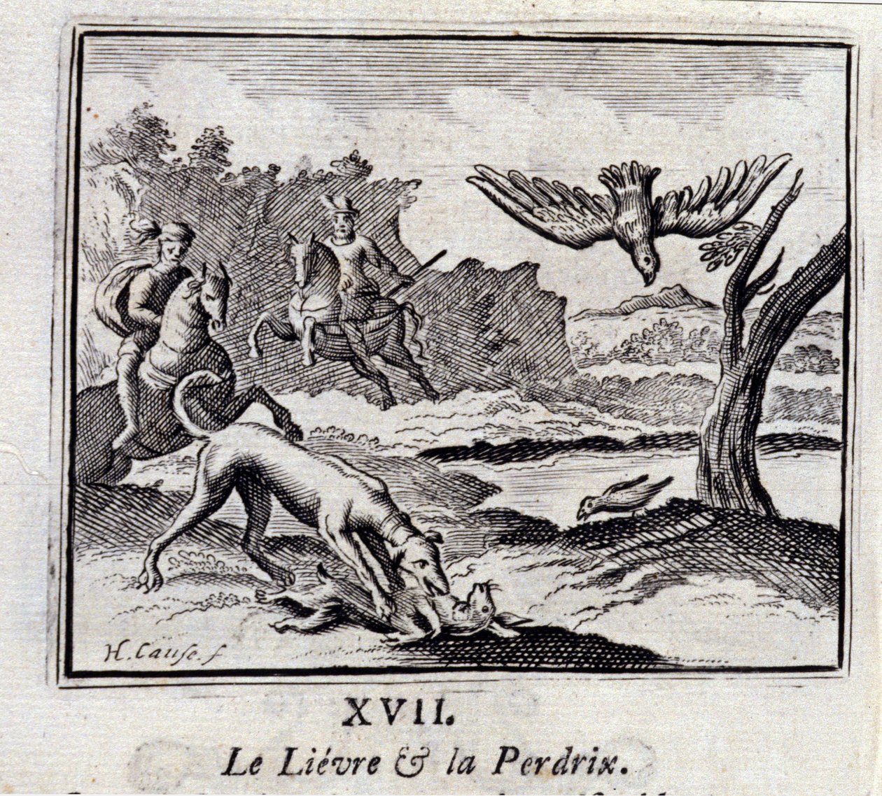 A Lievre és a Pardrix.Jean de La Fontaine (1621-95) meséi. Illusztráció: François Chauveau (1613-1676). 1728-as kiadás. alkotó: Francois Chauveau