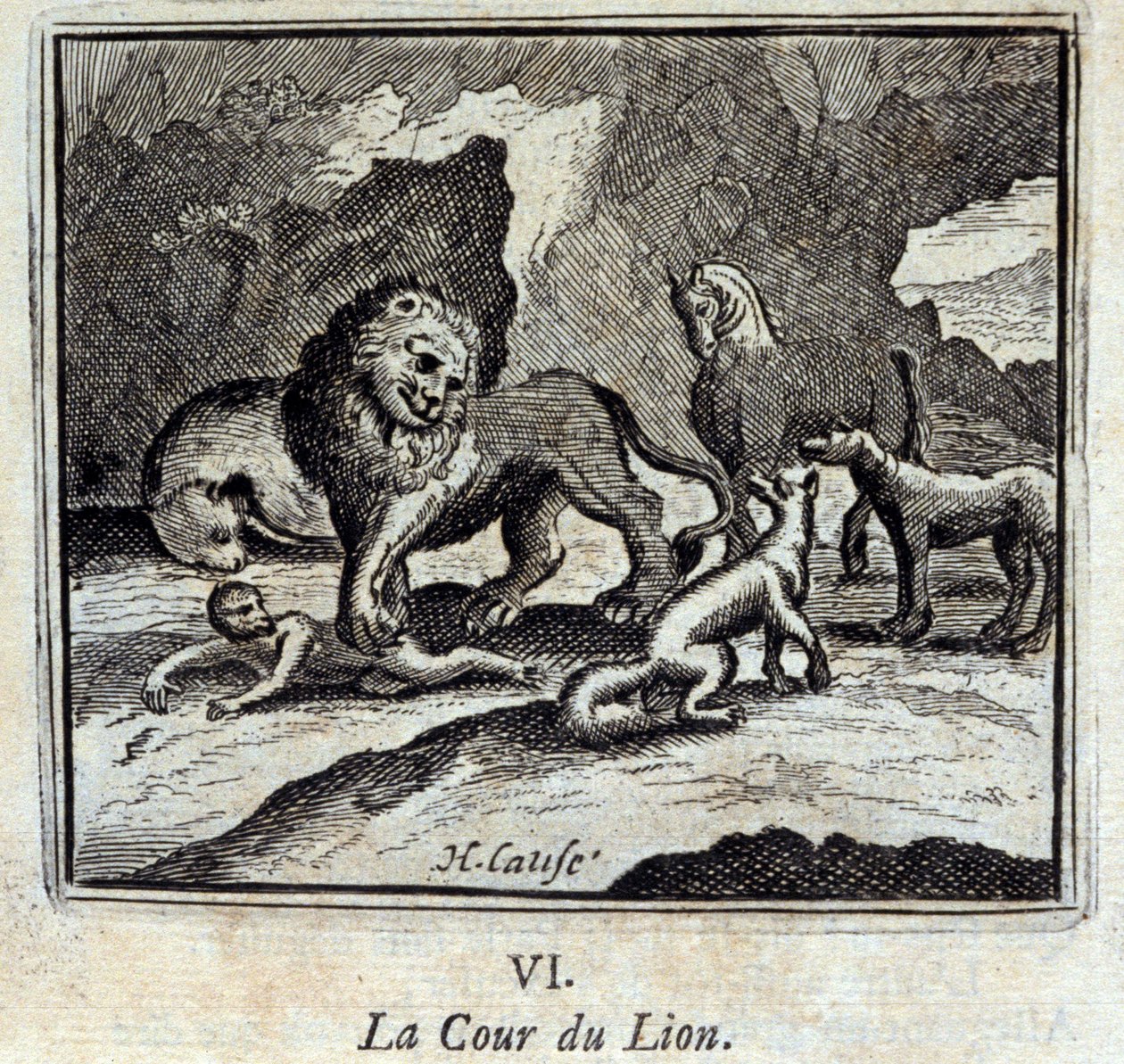 Az Oroszlán udvar. Jean de La Fontaine (1621-95) meséi. Illusztráció: François Chauveau (1613-1676). 1728-as kiadás. alkotó: Francois Chauveau